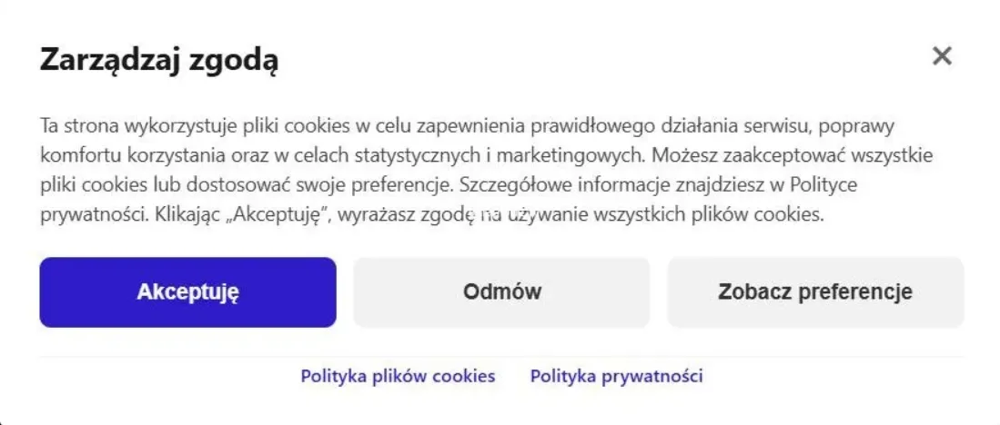 Okienko cookies z preferencjami